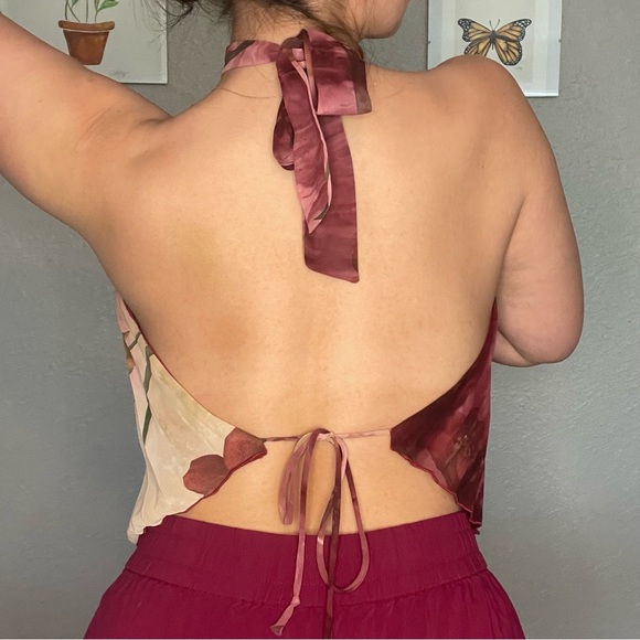 Agaci Too Red Floral Pleated Tie Neck and Back, Backless Halter, OS - Picture 7 of 7